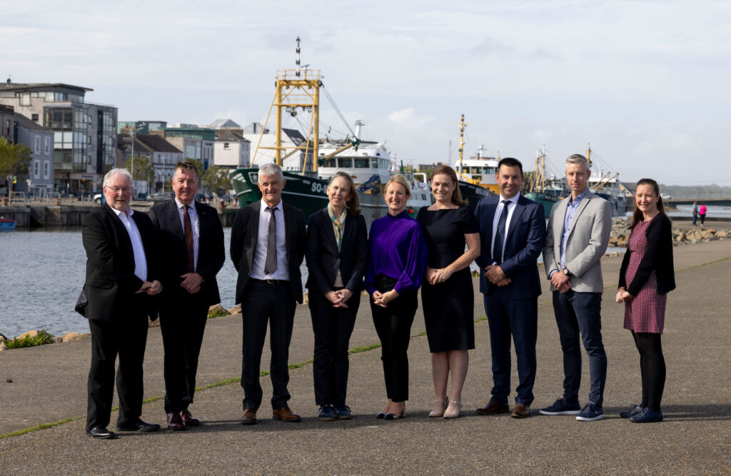 Dr Dave Dempsey, Chair of the South East Offshore Wind Partnership; Mark Mellett, Vice Admiral DSM (Rtd), Chair of the Board of MARA; Capt. Phil Murphy, SETU Project Manager Offshore Wind; Laura Brien, Chief Executive Officer of MARA; Prof. Veronica Campbell, President of SETU; Dr Frances Hardiman, Head (Carlow) Faculty of Engineering and Built Environment; Eoin Leahy, Director of Policy and External Affairs at MARA; Tony Collins, Principal Officer at the Department of Climate Energy and the Environment; and Róisín Nolan, Policy Manager at MARA at the signing of the cooperation agreement between South East Technological University and the Maritime Area Regulatory Authority.