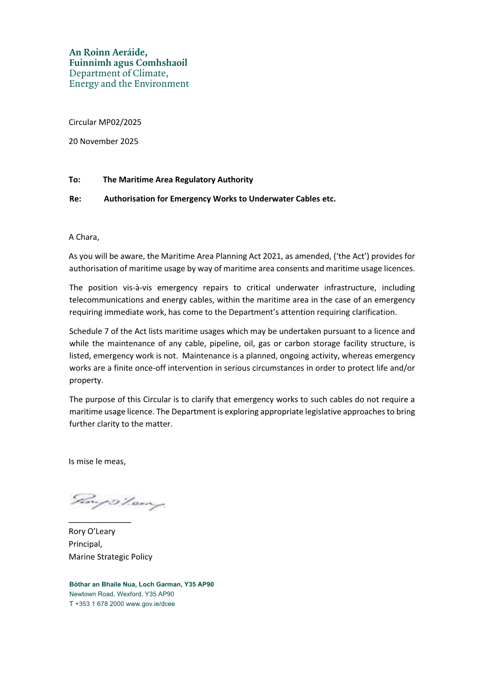 Letter to MARA about Authorisation for Emergency Works to Underwater Cables etc.